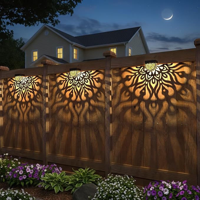6 Pack Solar Fence Lights Outdoor Wall Lights Plastic Solar Powered Deck Step Stair Lights Mandala Theme Waterproof Fence Solar Light for Garden Post Patio Yard Decor, Gardening Gifts for Women Mom