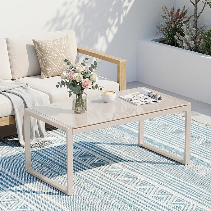 ONBRILL Rectangle Coffee Table with Tempered Glass Desktop, Galvanized Frame Outdoor Coffee Table with Adjustable Feet for Patio, Balcony, Deck, Living Room, Sand
