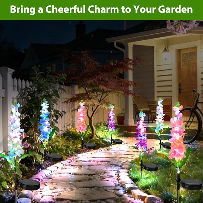 4 Pack Color Changing Solar Lights Outdoor Waterproof, Solar Delphinium Flower Stake Lights Auto ON/Off Solar Garden Lights for Spring Lawn Pathway Landscape Birthday Gifts for Mom Women Grandma