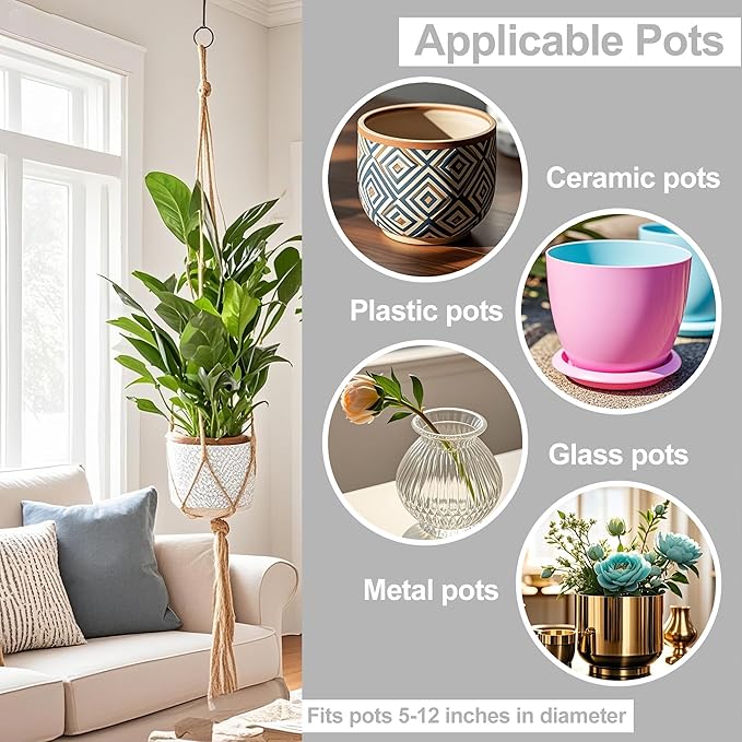 3 Pack Macrame Plant Hanger Indoor, 35 41 47 Inch Handmade Boho Hanging Planter Basket with Screw Hooks S-Hooks and Extension Rope for Indoor Plants Home Decor (POTS NOT Included) (Brown)