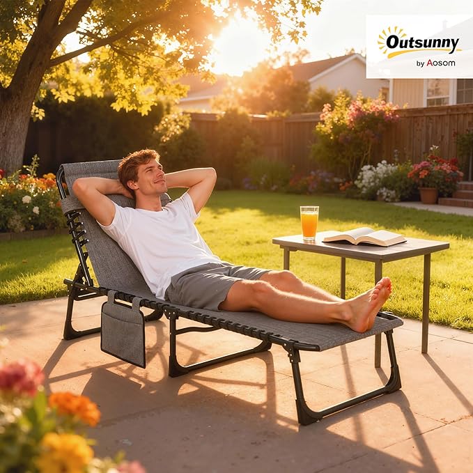 Outsunny Chaise Lounge Chair Outdoor, 5-Position Adjustable Sun Tanning Chair with Carrying Handle and Side Pocket, Folding Bed Cot with Removable Pillow for Garden, Beach, Patio, Pool, Camp, Gray