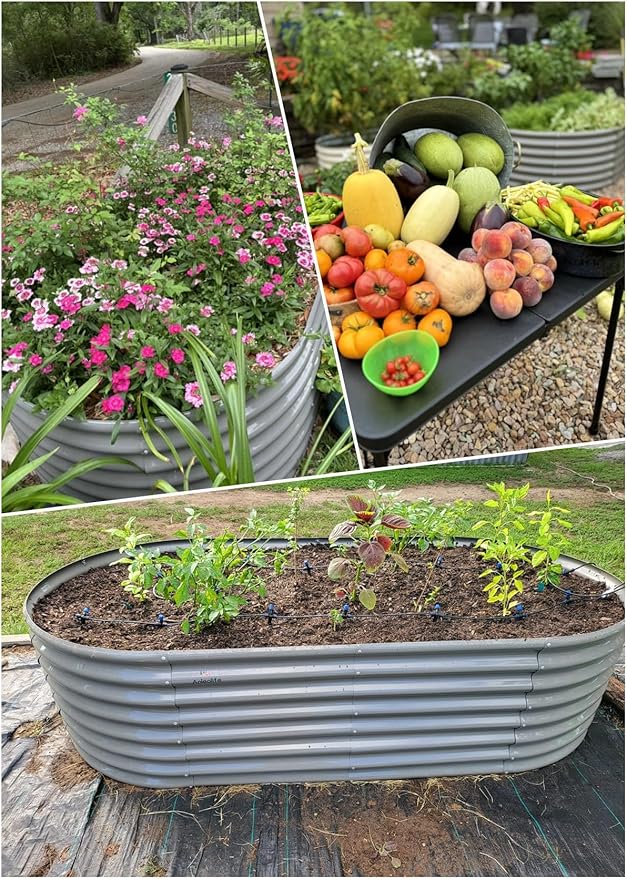 A ANLEOLIFE 4-Set 8X4X2 ft Galvanized Raised Garden Bed Kit, Oval Metal Deep Root Planters for Outdoor Plants, Quartz Grey