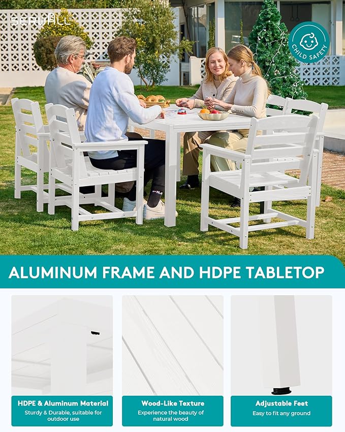 SERWALL 7-Piece Patio Dining Sets, 60" - 83" Expandable Outdoor Dining Table and 6 HDPE Chairs, All Weather HDPE Outdoor Furniture Set for Backyard, Garden, White