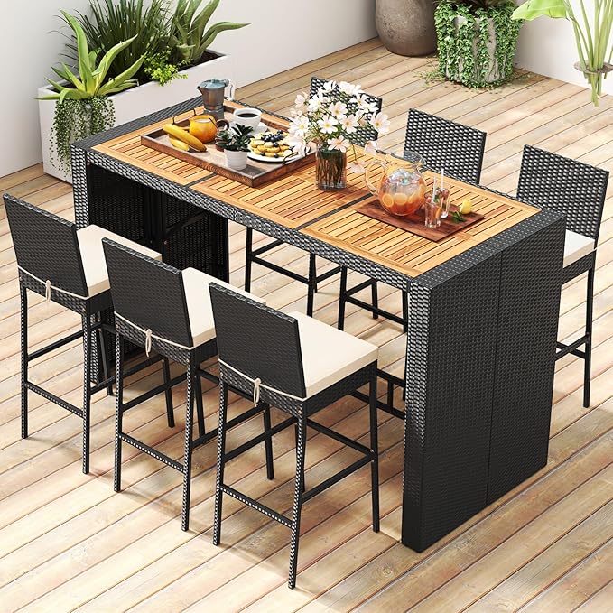 Tangkula 7 Piece Patio Wicker Bar Set, Patiojoy Outdoor Acacia Wood Bar Height Table & 6 Rattan Bar Stool Chairs with Backrest and Footrest, for Bistro Garden Balcony