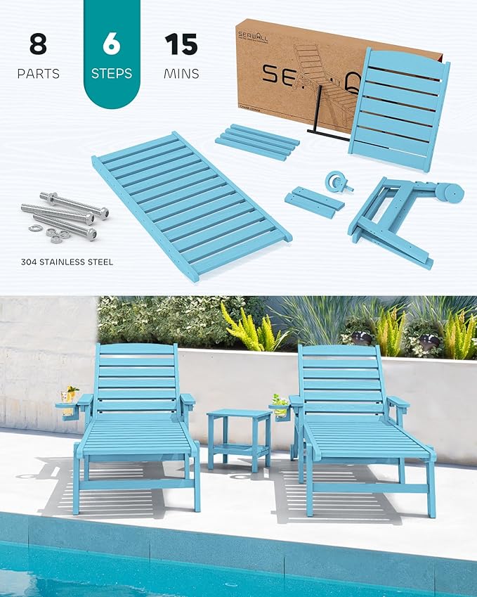 SERWALL Patio Chaise Lounge Chair Set of 2, 78'' Long 5-Positions Adjustable HDPE Outdoor Lounger for Pool, Poly Lounge Chair with Rolling Wheels & Cup Holder for Poolside, Deck, Light Blue
