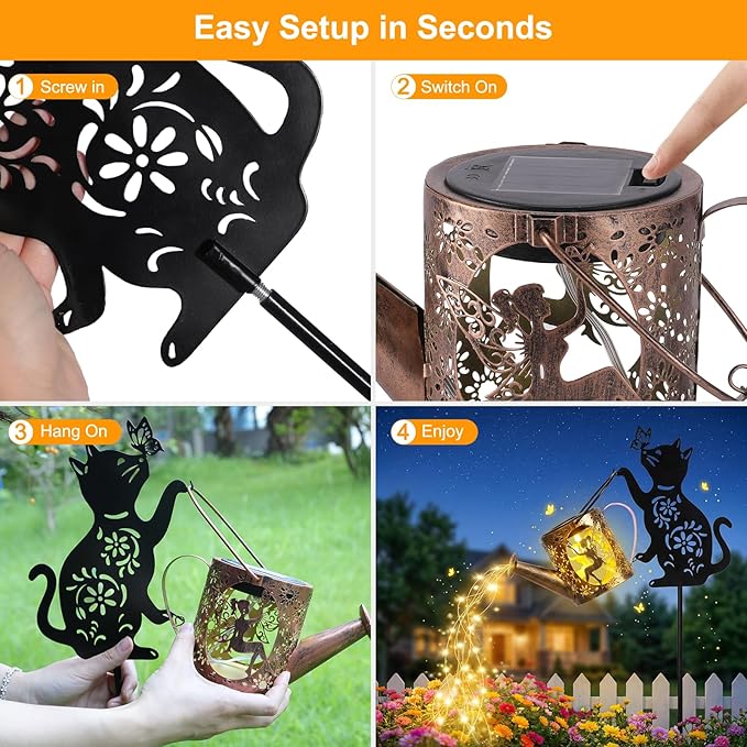 Solar Watering Can Lights with Fairy & Flowers, Outdoor Garden Decor with Cascading String Lights, Waterproof Solar Powered Hanging Lantern for Patio Yard Pathway, Gift for Mom Cat Lovers Gardeners
