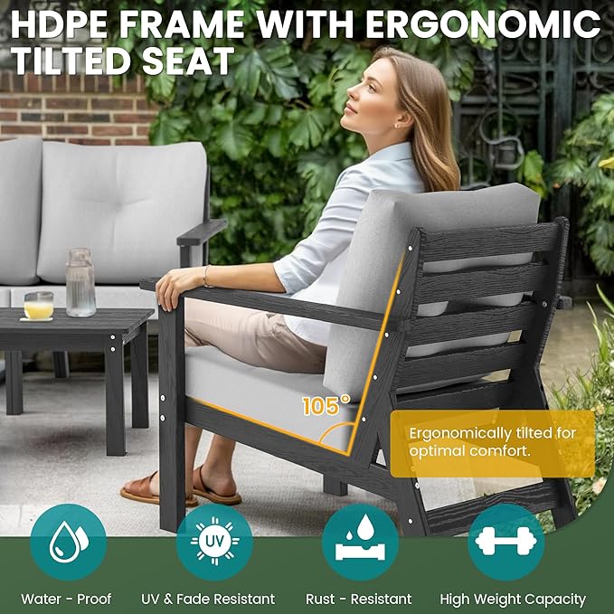 6-Piece HDPE Patio Furniture Set, Outdoor Sectional Sofa Set,All Weather Outdoor Couch with Dust-Free Cushions, Durable Patio Conversation Sets for Balcony, Porch, Black