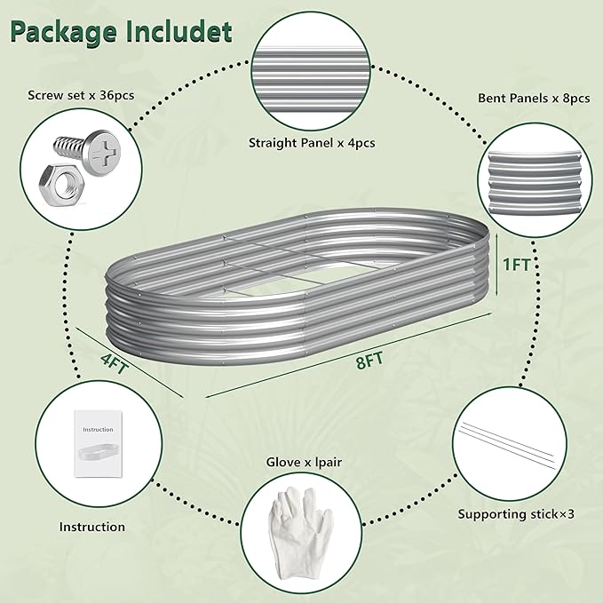 2PCS 8x4x1FT Galvanized Raised Garden Bed Kit,Vegetable Boxes-Oval Metal Flower Box,Large Planter Raised Beds Outdoor Garden for Planting,Fruit,Herb-Silver