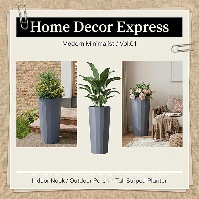 23.6" H Tall Planters for Outdoor Plants, 2 Pack Large Outdoor Planters for Porch Decor with Automatic Drainage Hole, Plastic Stripe Design Flower Pots Fits Indoor Plants Patio Garden, Black