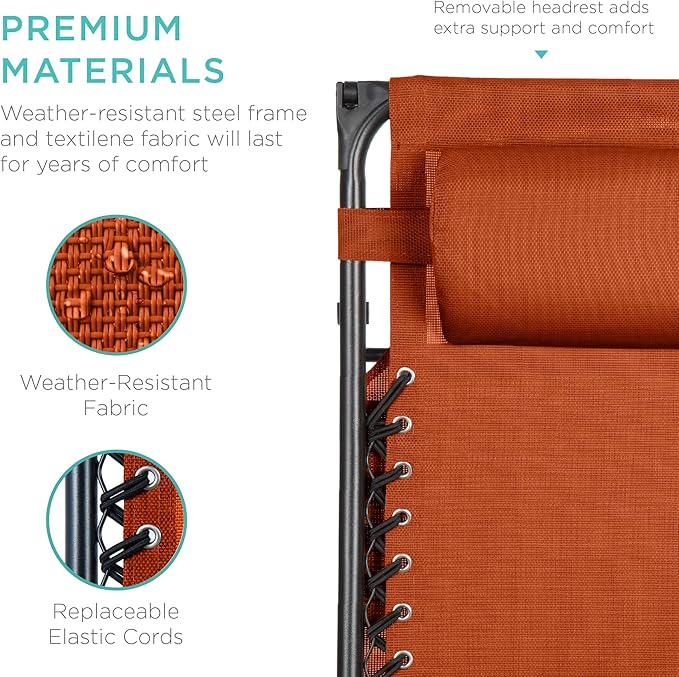 Best Choice Products Folding Zero Gravity Outdoor Recliner Patio Lounge Chair w/Adjustable Canopy Shade, Headrest, Side Accessory Tray, Textilene Mesh - Burnt Orange