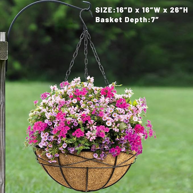 4 Pack 16 Inch Hanging Planters for Outdoor Plants Metal Wire Flower Baskets with Coco Liner & Plastic Saucer Large Deep Hanging Plant Pots for Porch Balcony Garden Décor