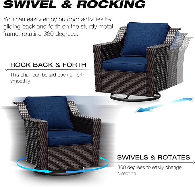 Joyside Wicker Patio Furniture Sets, 4 Pieces Upgraded Large Size Outdoor Furniture with Swivel Rocking Patio Chairs and Outdoor Ottoman, Thick Cushions, Wide Armrest
