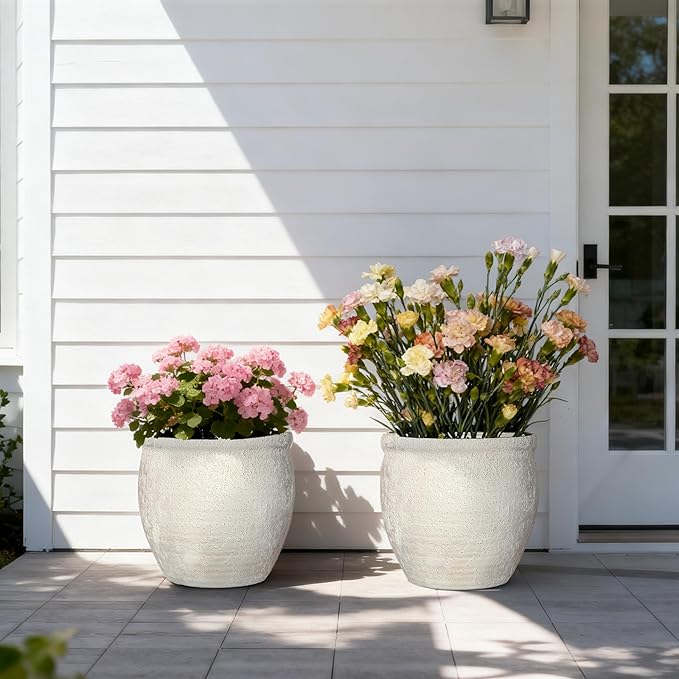 12" Dia Fiberstone Planter – Modern Farmhouse Indoor/Outdoor Flower Pot, Beige Container with Grainy Matte Texture & Built-in Drainage Hole | Decorative Pot for Patio, Porch, Garden