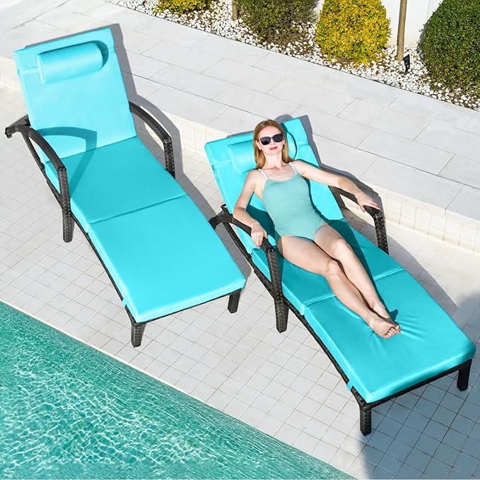 Chaise Lounge Chairs Outdoor Set of 4, Comfy Outside Wicker Patio Pool Lounge Chair w/ 5 Adjustable Back Angle, Cup Holder, Thicken Cushion