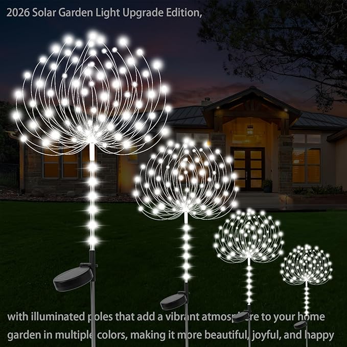Garden Decor Solar Lights Outdoor,155LED 8 lighting modes pole light Waterproof White Solar Garden Lights for Christmas, Halloween Decoration,Yard, Patio, Porch,Flower Pot,Pathway (2Pack)