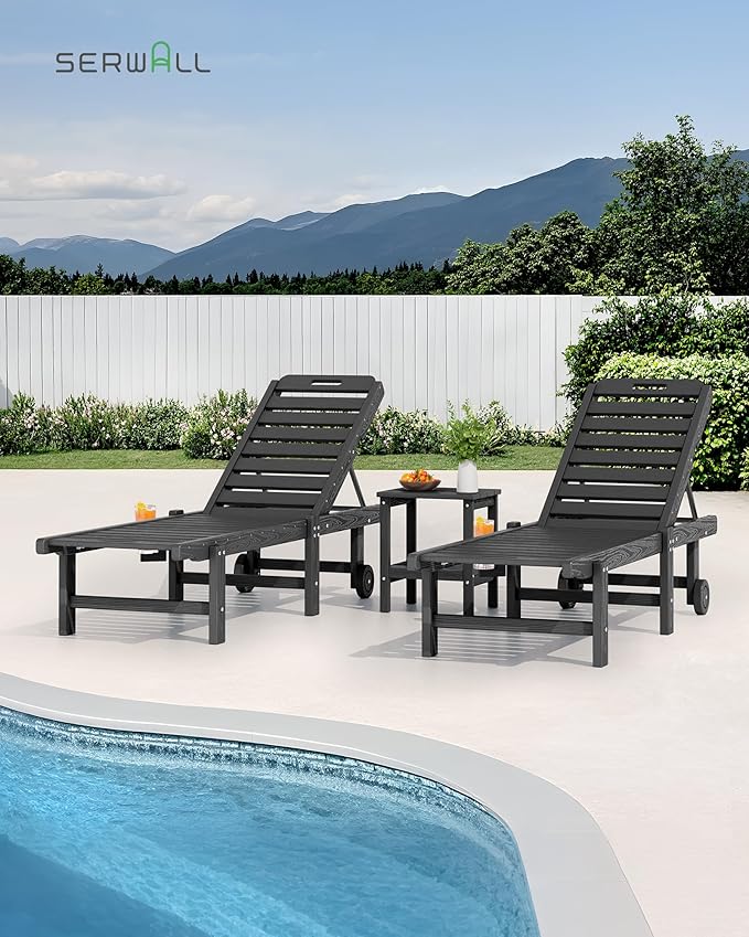 SERWALL Outdoor Chaise Lounge Set of 6, HDPE Pool Lounge Chair with 5-Position Adjustable Backrest, Patio Lounger with Rolling Wheels & Cup Holder for Pool, Grey