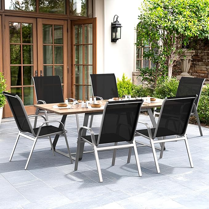 Patio Chairs Set of 6, Easily Set Up Stackable Outdoor Dining Chairs with High Back and Wide Seat, All Weather Breathable Outdoor Chairs Set of 6 with Metal Frame for Backyard Deck Pool, Black