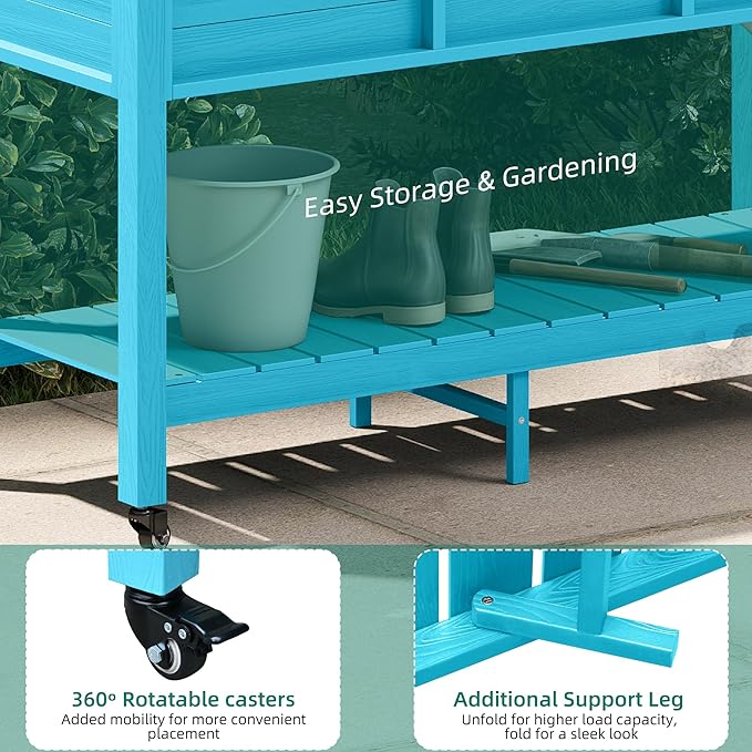 YITAHOME Raised Garden Bed HDPE, 47x18x31In Raised Flower Bed Poly-Wood Weather-Resistant Elevated Planter Box with Lockable Wheels & Storage Shelf for Vegetable Flower, Aruba Blue
