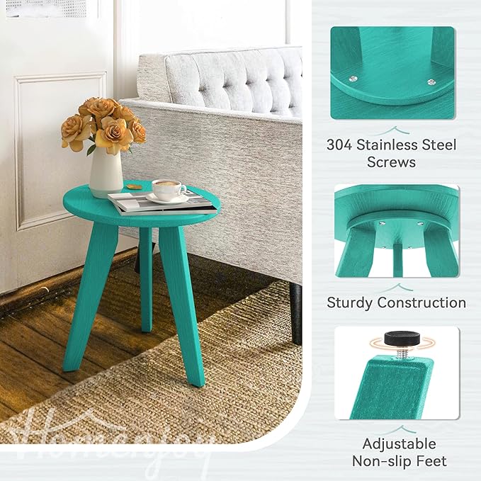 HDPS Outdoor Side Table, Small Round Side Table Weather-Resistant, Outdoor Side Tables for Patio, Porch, Deck, End Table for Plant Stand, Living Room, Bedroom, Turquoise