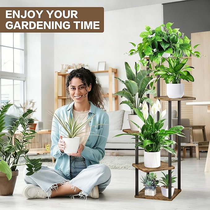 5 Tier Plant Stand Indoor, Thickened Metal Wood Corner Plant Shelf Stands for Multiple Plants, Indoor Tall Plants Stand Tiered Flower Holder for Living Room Patio Garden Balcony(Black+Brown)