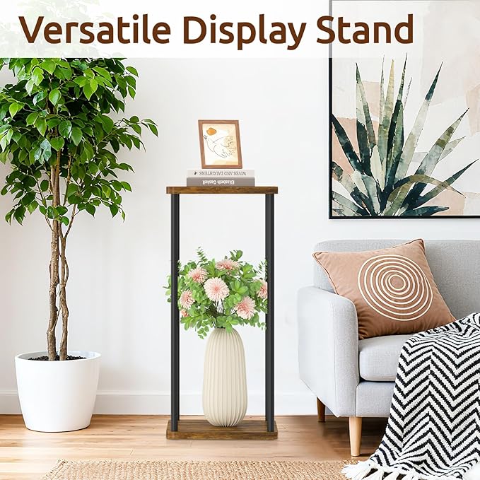 2 Tier Plant Stand Indoor, Oppro 28In Tall Corner Vertical Wood Metal Shelf, Square Modern Black Large Planter Table Heavy Duty Flower Pot Holder Rack for Narrow House Living Room Floor Orchid, Rustic