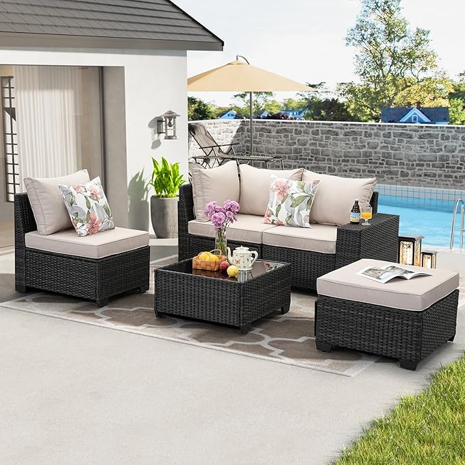 5 Pieces Patio Furniture Set All-Weather Outdoor Wicker Sectional Conversation Sofa Rattan Patio Seating Sofa with Cushion and Glass Table and Ottoman for Porch,Beige
