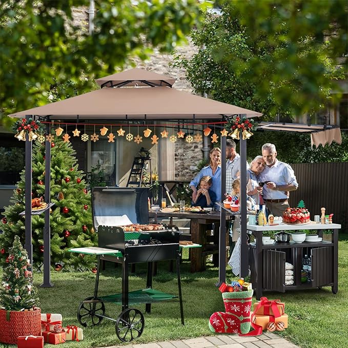 ABCCANOPY Grill Gazebo with Extra Awning - 11x5 Outdoor BBQ Canopy Shelter with 2 Led Lights for Patio Backyard Grilling (Khaki)