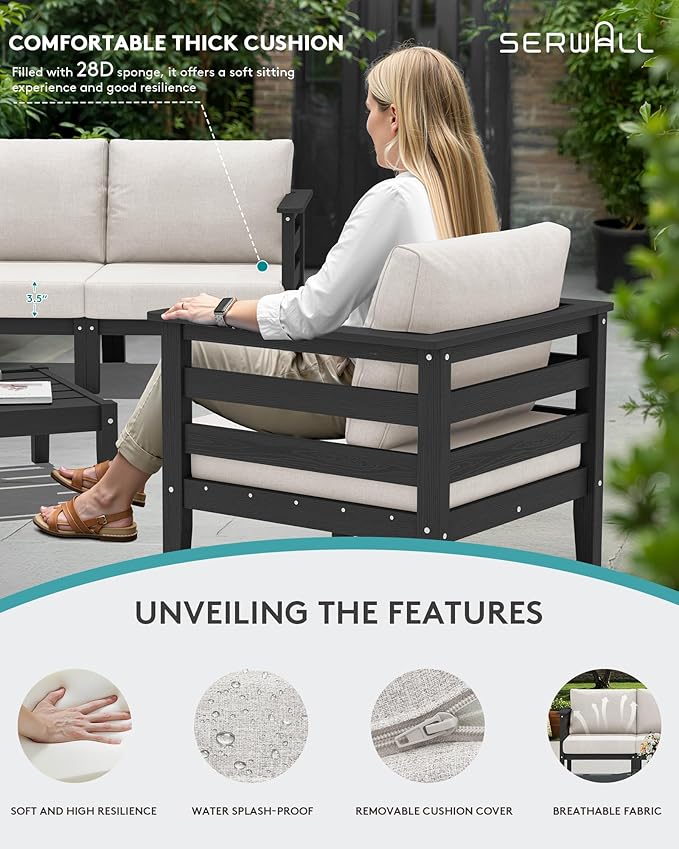 SERWALL HDPE Outdoor Furniture Set, 4 Pieces Patio Sectional Sofa Set, All-Weather Wood-Like Outdoor Sofa with Coffee Table for Deck, Garden, Black Frame with Khaki Cushion