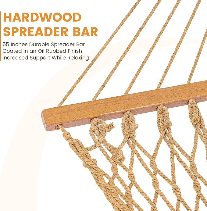 Lazy Daze Hammocks Double Rope Hammock, 2 Person Traditional Outdoor Hand Woven Cotton Rope Hammock with Spreader Bar, Carabiners, Tree Straps, Chains for Patio Yard - Max 450 Lbs, Tan