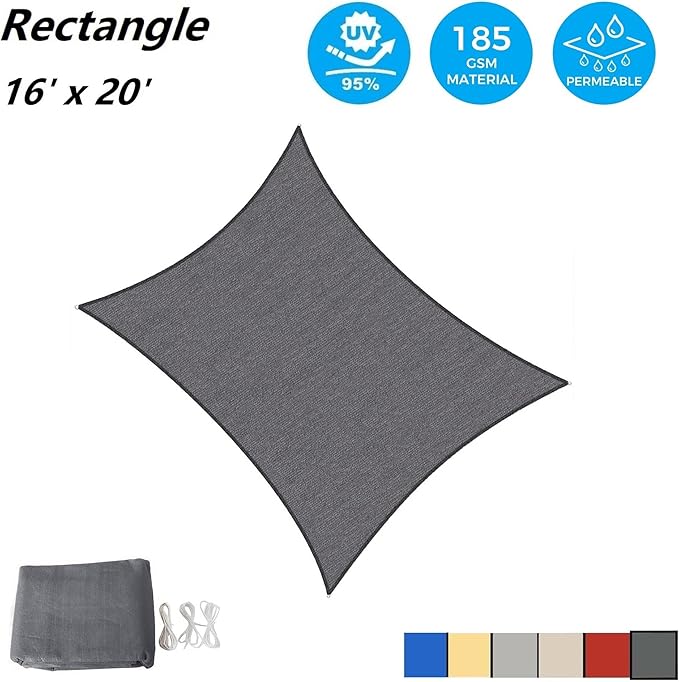 AsterOutdoor Sun Shade Sail Rectangle 16' x 20' UV Block Canopy for Patio Backyard Lawn Garden Outdoor Activities, Graphite