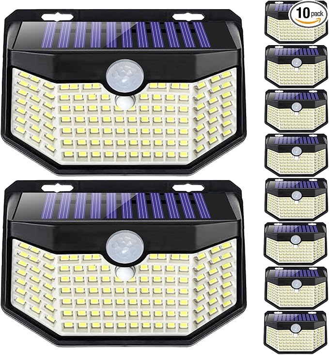 HMCITY Outdoor Solar Lights 120 LED with Motion Sensor and 3 Lighting Modes, IP65 Waterproof, 130 ° Wide Solar Wall Lights Powered for Garden Patio(Front Button 10Packs, Black Shell-Daylight White)