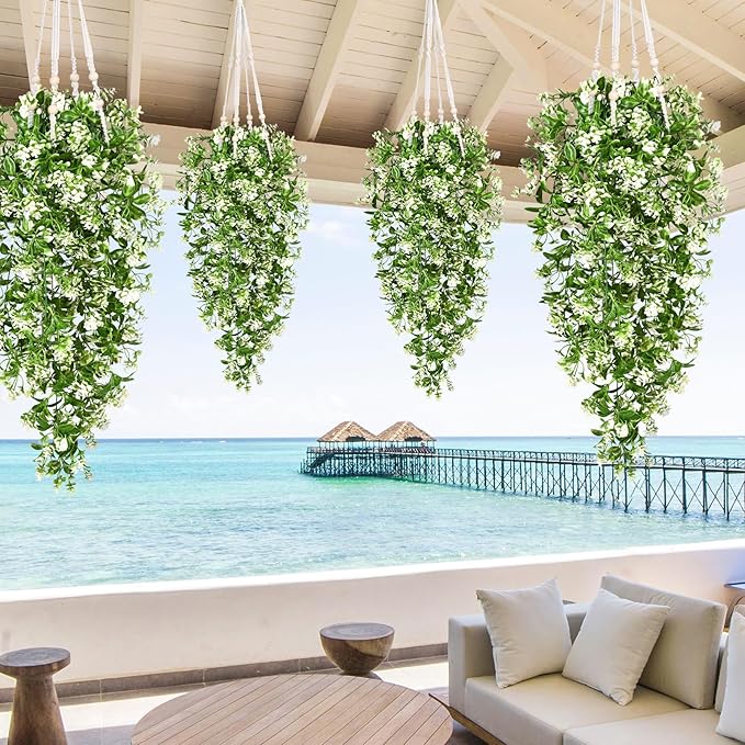Waipfaru 4pcs Fake Hanging Plants, Artificial Hanging Flowers Faux Ivy Pothos Vines Greenery for Wall Home Bedroom Living Room Aesthetic Kitchen Office Aesthetic Kitchen Indoor Outdoor Decor