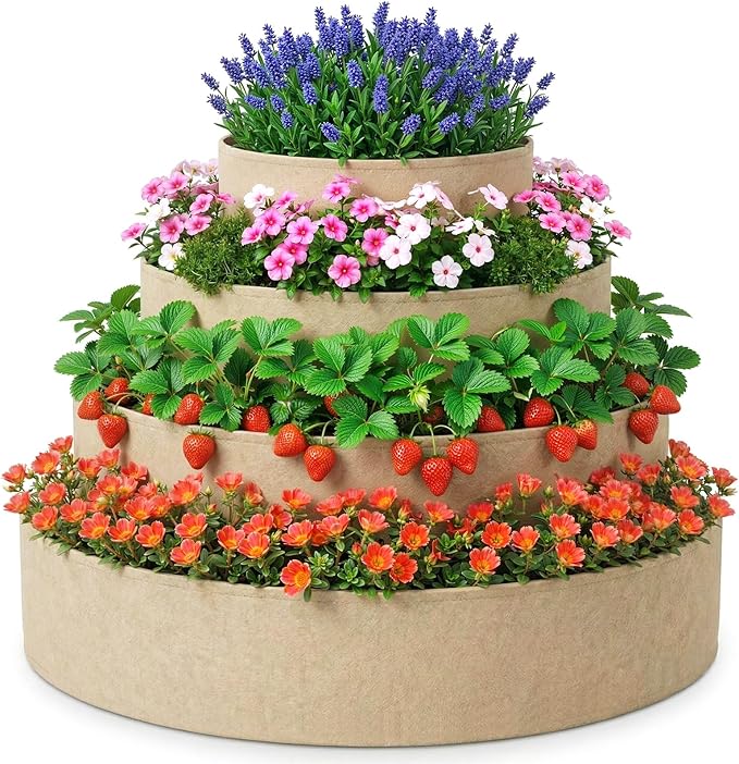 4 Pcs Plant Grow Bags 4 Tiered Strawberry Planter Tower Fabric Raised Garden Beds, 39 Inch Nonwoven Strawberry Pyramid Planter for Vegetables Flower Herbs Gardening Outdoor Growing (Khaki)