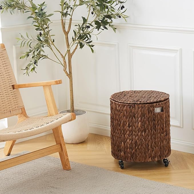 Wimarsbon Round Pouf Ottomans, Handwoven Natural Water Hyacinth Seagrass Pouffe,Outdoor Rattan Stool Accent Seat, Bohemian Coastal Home Decor (Storage Ottoman - Dark Water Hyacinth Braid)