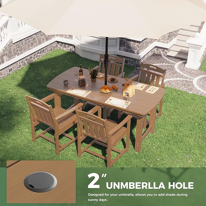 5-Piece Outdoor Dining Furniture Set with Chairs, All-Weather HDPE Patio Table and 4 Chairs, Umbrella Hole, for Garden Backyard or Deck - Teak