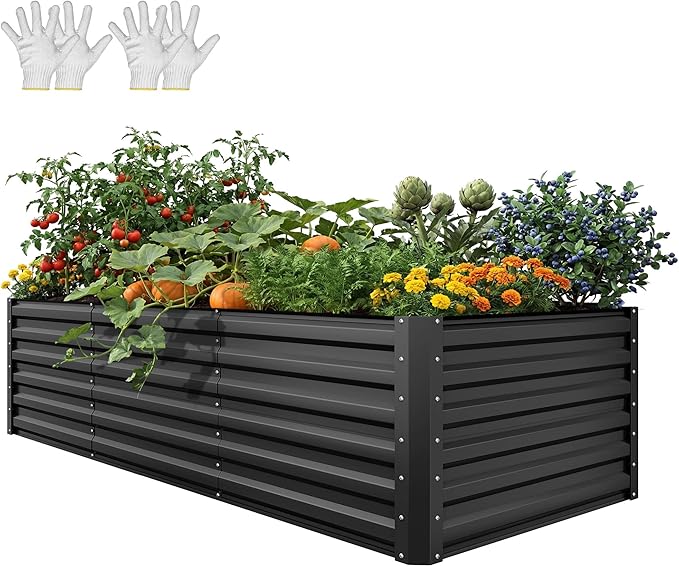 YITAHOME 8x4x2ft Large Raised Garden Bed Kit, Galvanized Metal Planter Box with Gloves, Ground Nails, Support Rod & Safety Rubber, Outdoor Above Ground Planters for Plants Vegetables Flowers, Black
