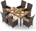 Tangkula 7 Pieces Rattan Outdoor Dining Set for 6, Outdoor Acacia Wood Table Set with 6 Cushioned Wicker Chairs, Umbrella Hole, Patio Dining Furniture Set for Deck Pool Backyard