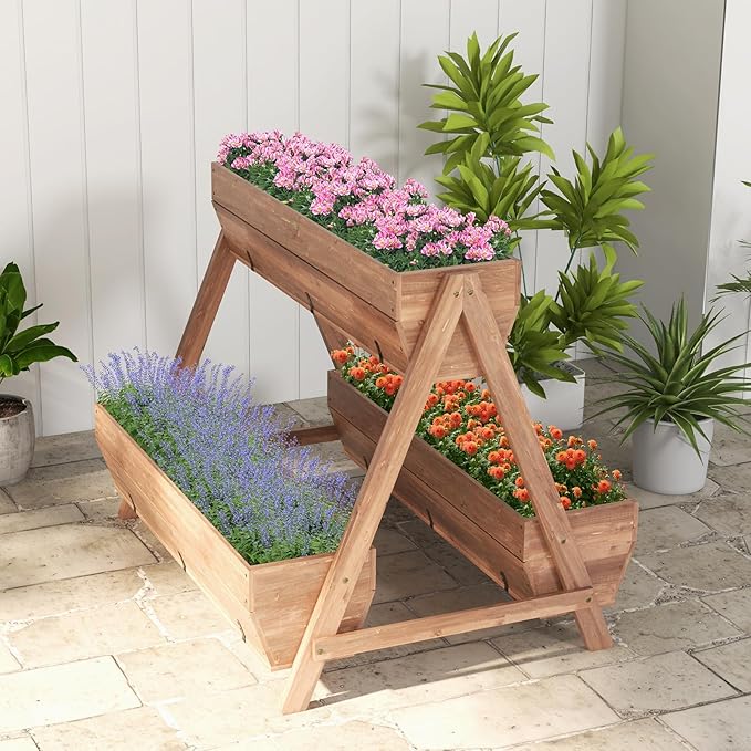 Giantex Vertical Raised Garden Bed, 3 Large Wood Planter Boxes for Flower Vegetable Fruit Herb, Freestanding Planter with Drain Holes, Elevated Raised Beds for Indoor Outdoor Lawn Patio Yard, Brown