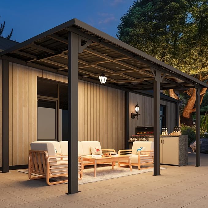 AECOJOY 14' x 8' Outdoor Hardtop Metal Gazebo for Patio, Large Lean to 8x14 Galvanized Steel Wall Mounted Pergolas and Grill Gazebos Clearance, Patio Roof Heavy Duty Awnings for Backyard, Decks