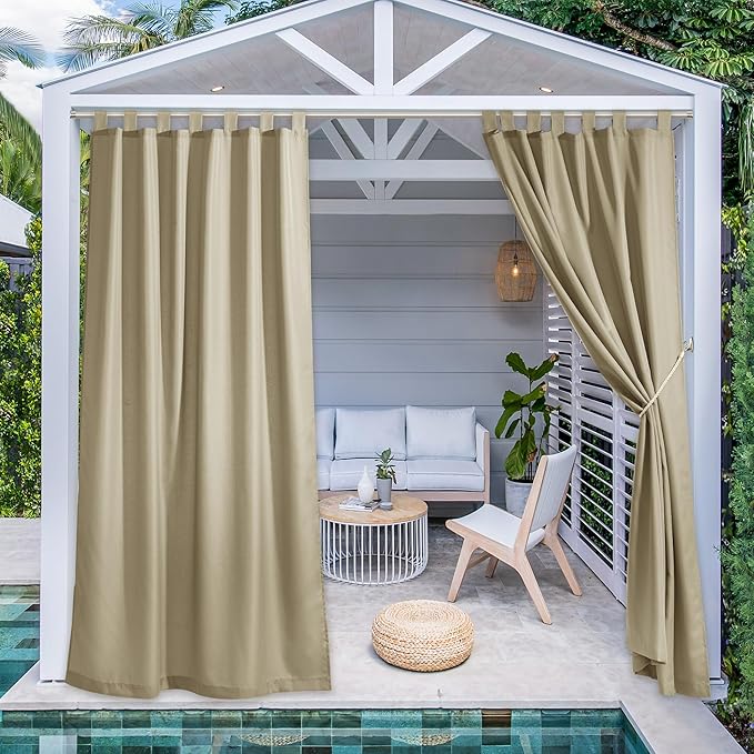 NICETOWN 2 Panels Outdoor Curtains Tab Top Extra Long Drapery for Pool, Waterproof Thermal Insulated Privacy Inside Outside Window Treatments for Patio/Pavilion, 55 x 108-Inch, Taupe