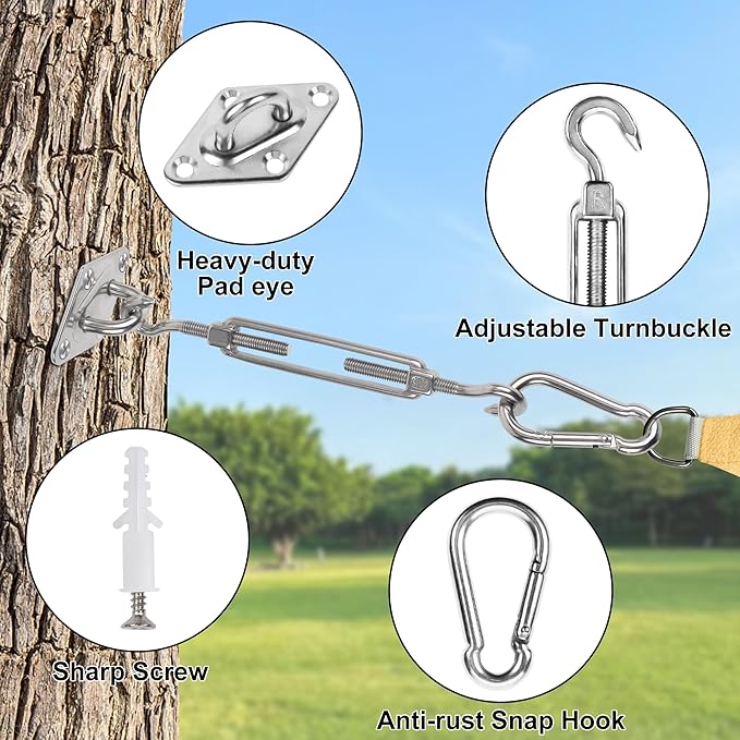 YOFIT 44 Pcs Shade Sail Hardware Kit, 5 Inch Outdoor Sun Sail Accessories, 304 Stainless Steel Turnbuckles & Brackets for Triangle/Rectangle Sails, Patio Canopy Installation Hardware Set Waterproof