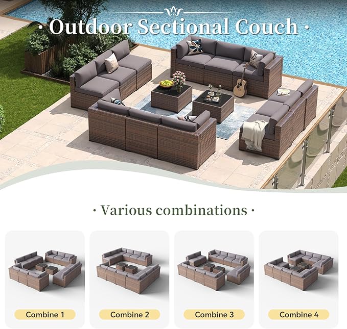 Aoxun 14 Piece Patio Furniture Set Wicker Rattan Patio Conversation Set Outdoor Sectional Sofa Set with Coffee Table and Thickened Cushions, Gray(Waterproof Cover Included)