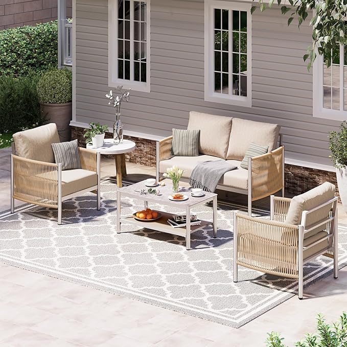 Aluminum Outdoor Patio Furniture Set with Dual-Layer Coffee Table, 4 Piece Modern Patio Conversation Sets with PE Rope, Outdoor Sectional Sofa with Thick Cushions for Balcony, Deck, Beige