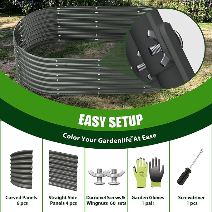 A ANLEOLIFE 7-Set 8X4X2 ft Galvanized Raised Garden Bed Kit, Oval Metal Deep Root Planters for Outdoor Plants, Quartz Grey