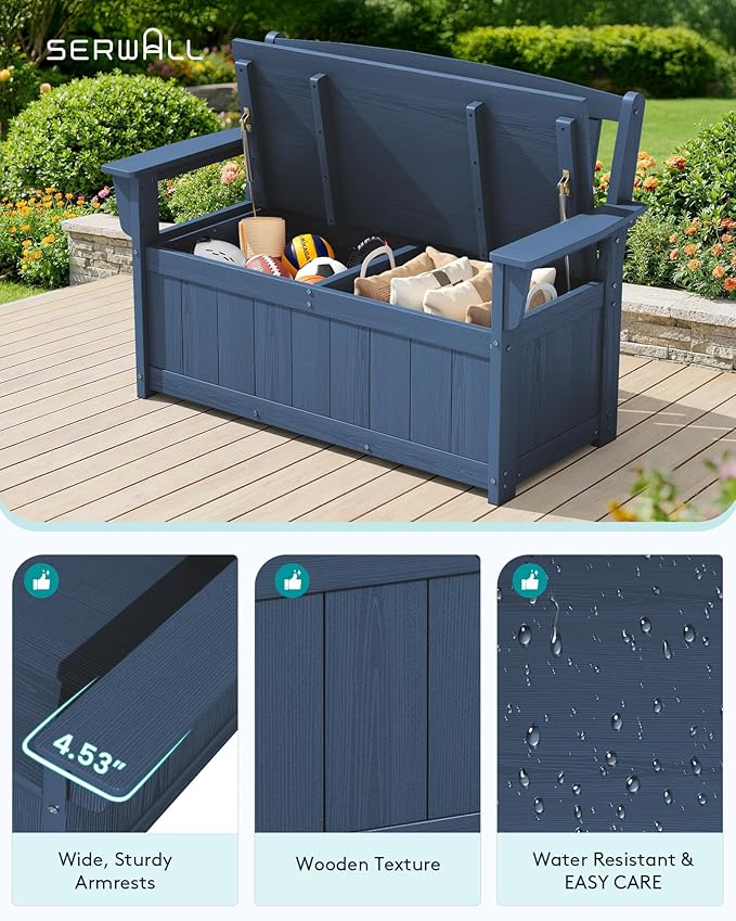 SERWALL HDPE Outdoor Storage Bench, All-Weather, UV-Resistant Deck Box with Waterproof Storage Bags, 57 Gallon Dual-Use Seat & Organizer Deck Boxes for Patio, Garden Tools & Pool (Navy Blue)
