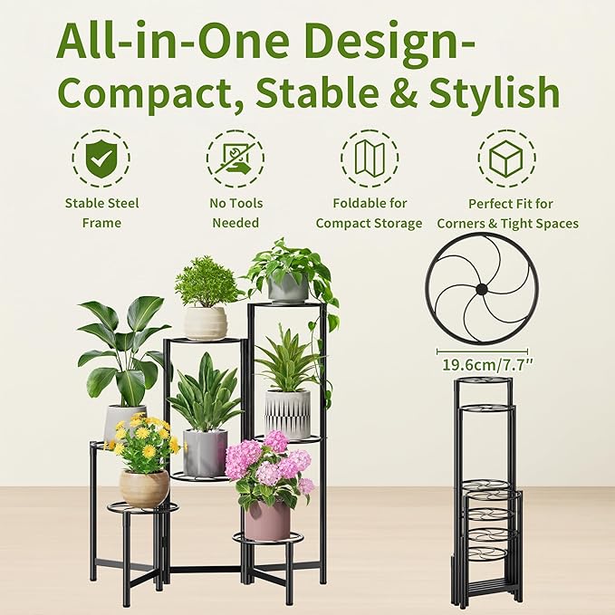Corner Shelf Patio 7 Tier Metal Plant Stand Indoor Outdoor Tall Metal Flower Pot Stands for Multiple Plants Heavy Duty Plant Shelf Black Kite