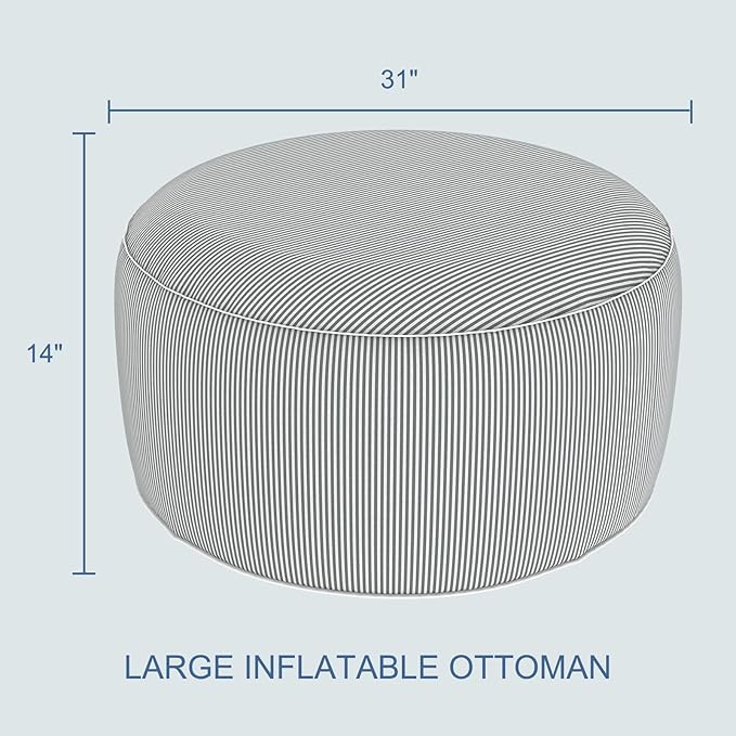 LVTXIII Indoor/Outdoor Extra Large Inflatable Ottoman Pouf D31 x H14 Inch, Round Footstool with Handle, Weather-Resistant Portable Furniture for Patio, Camping, Beach, Strip Grey
