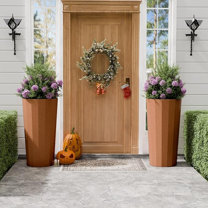 23.6" Tall Outdoor Planters Set of 2, Large Planters for Outdoor Plants for Porch Decor with Drainage Hole, Wide Stripe Design Porch Flower Pots for Indoor Pot Patio/Garden, Terracotta