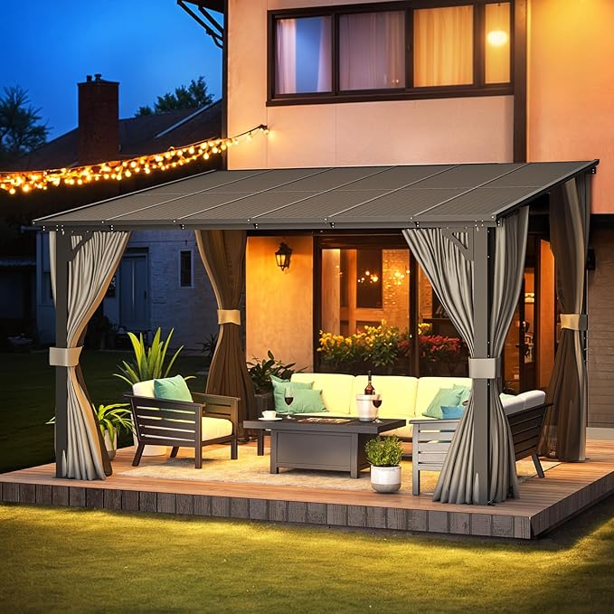 AECOJOY Wall Gazebo 12’ x 10’ with Curtains and Mosquito Netting, 10'x12' Hard Top Gazebos Pergola on Clearance, Outdoor Patio Lean to Gazebo Canopy Awnings for Deck, Porch, Backyard and Outside