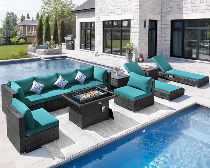 NICESOUL 11 Piece Patio Furniture Set with Fire Pit Table Natural Gas/Propane, 29.3'' High Back Large Outdoor Patio Sectional with Fire Pit & Chaise Lounge, Wicker Deep Seating, Turquoise & Grey